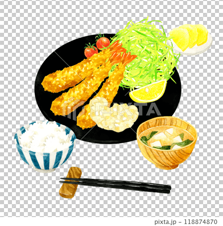 エビフライ定食（ごはん・味噌汁・漬け物もセット）　料理・食べ物の手描き水彩イラスト素材 118874870