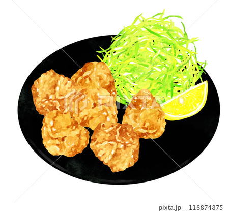 からあげ定食　料理・食べ物の手描き水彩イラスト素材 118874875