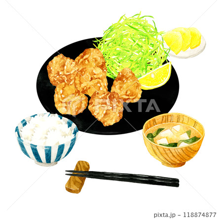 からあげ定食（ごはん・味噌汁・漬け物もセット）　料理・食べ物の手描き水彩イラスト素材 118874877