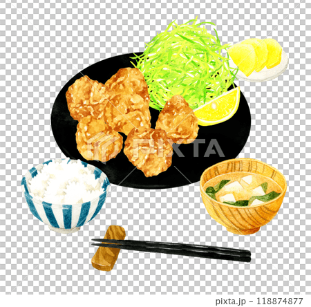 からあげ定食（ごはん・味噌汁・漬け物もセット）　料理・食べ物の手描き水彩イラスト素材 118874877