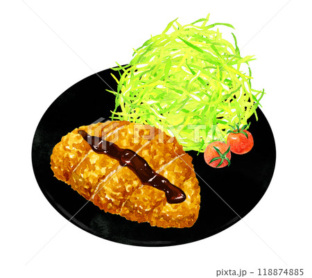 とんかつ定食　料理・食べ物の手描き水彩イラスト素材 118874885