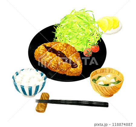 とんかつ定食（ごはん・味噌汁・漬け物付き）　料理・食べ物の手描き水彩イラスト素材 118874887