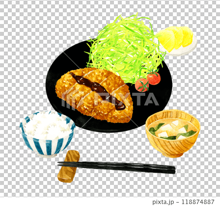 炸豬排套餐（附米飯、口味增湯、鹹菜） 手繪水彩插畫的烹調與食物 118874887