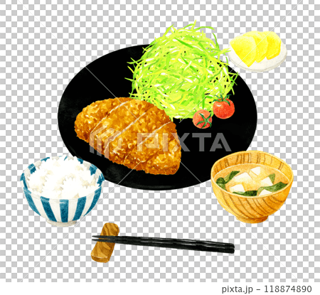 炸豬排套餐(附米飯、口味增湯、鹹菜) 手繪水彩插畫的烹調與食物 炸豬排套餐(附米飯、口味增湯、鹹菜) 手繪水彩插畫的烹調與食物 118874890