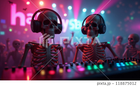 Skeletons like a DJ with headphones are making a party and playing on the DJ console, a stage lights and night club environment 118875012