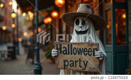 a ghost with a banner for a Halloween party on a city street near a pub or salon, an inscription on a wooden board in vintage style 118875028