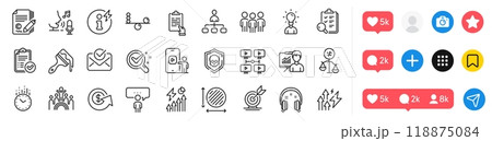 Group, Inclusion and Presentation line icons pack. Social media icons. Dollar exchange, Brush, Headphones web icon. Approved report, Video conference, Discrimination pictogram. Vector 118875084
