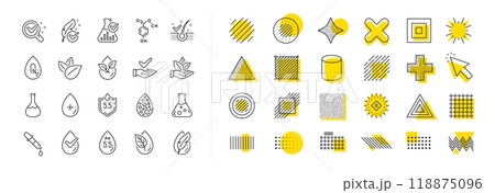 Dermatologically tested, Alcohol free and Paraben chemical formula icons. Design shape elements. No artificial colors, Anti-dandruff flakes free line icons. Vector 118875096