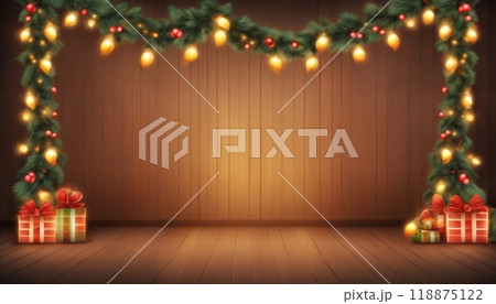 Christmas decorations and gifts and garland on a wall background for new year celebrations, winter fairy tale 118875122