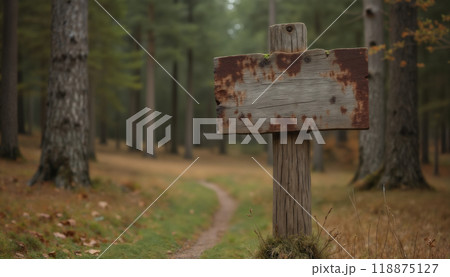 an empty sign board on the background of a forest, made of wood, old and weathered plaque 118875127