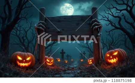 the skeleton's hands hold a sign at the entrance to the cemetery, moonlight and a fabulous atmosphere in a dark forest, pumpkins and bats, a gloomy Halloween setting 118875198