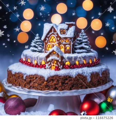 Christmas cake with decorations for New Year's holidays, beautiful background, winter fairy tale 118875226