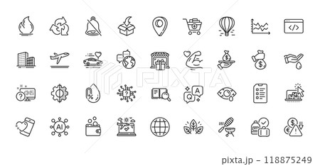 Fish grill, Online storage and Mute line icons pack. AI, Question and Answer, Map pin icons. World communication, Search book, Conjunctivitis eye web icon. Vector 118875249