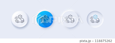 Transport insurance line icon. Neumorphic, Blue gradient, 3d pin buttons. Car risk coverage sign. Delivery protection symbol. Line icons. Neumorphic buttons with outline signs. Vector Transport insurance line icon. Neumorphic, Blue gradient, 3d pin buttons. Car risk coverage sign. Delivery protection symbol. Line icons. Neumorphic buttons with outline signs. Vector 118875262