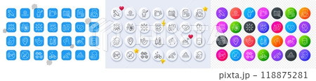 E-bike, No sun and No smoking line icons. Square, Gradient, Pin 3d buttons. AI, QA and map pin icons. Pack of Medical staff, Mountain bike, Blood donation icon. Vector 118875281