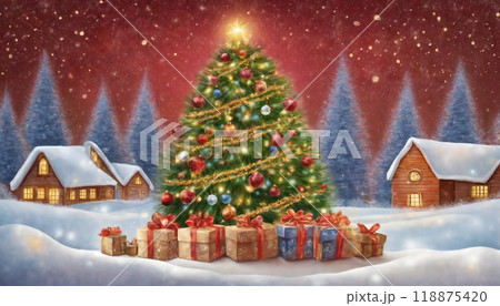 Christmas decorations and gifts, background for new year celebrations, winter fairy tale 118875420