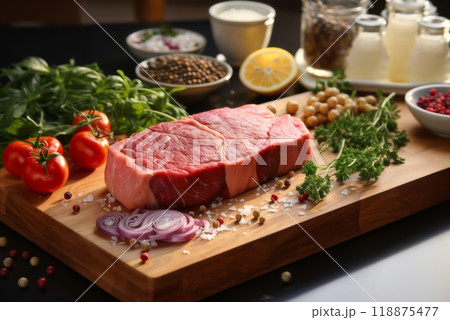 raw meat and vegetables and herbs on a wooden board, delicious food 118875477