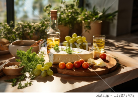 cheese and bottle of oil and fresh leaves of greenery on a table by the window, a beautiful still life in an old country house, rural style 118875478