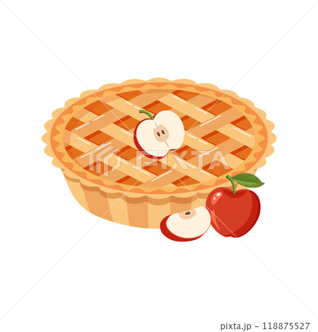 Baked apple pie with apple pieces. Traditional holiday food, dessert, sweet. Flat illustration 118875527