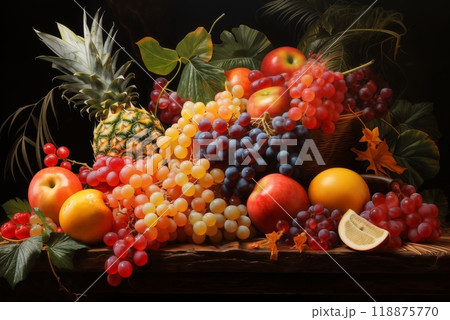 still life with bunches of grapes, berries and fresh and juicy fruits against a dark old wooden background, rural vintage style, the concept of fresh and healthy food 118875770