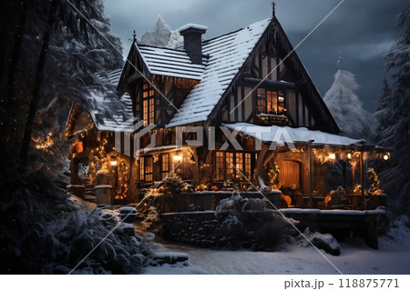 village street in winter season decorated for Christmas or New Year holiday, beautiful view of exteriors of houses , snow, sunset, street lights, festive environment 118875771