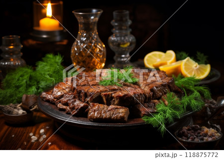 grilled meat and greens and herbs cooked on fire as a barbecue, roast in a frying pan, delicious food 118875772