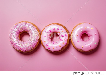 various donuts on a pink background 118876016