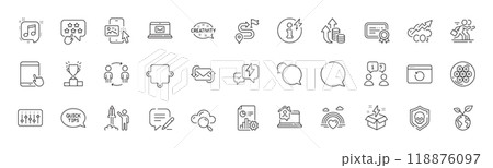 Creativity, Journey and Competition line icons. Pack of E-mail, Report, Cyber attack icon. Winner podium, Cloud computing, Power info pictogram. Speech bubble, Musical note, Phone image. Vector Creativity, Journey and Competition line icons. Pack of E-mail, Report, Cyber attack icon. Winner podium, Cloud computing, Power info pictogram. Speech bubble, Musical note, Phone image. Vector 118876097