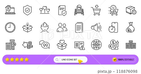 Usa close borders, Donation and Cash line icons for web app. Pack of Mental conundrum, Fuel price, Loud sound pictogram icons. Food delivery, Instruction manual, Time signs. Timer app. Vector Usa close borders, Donation and Cash line icons for web app. Pack of Mental conundrum, Fuel price, Loud sound pictogram icons. Food delivery, Instruction manual, Time signs. Timer app. Vector 118876098