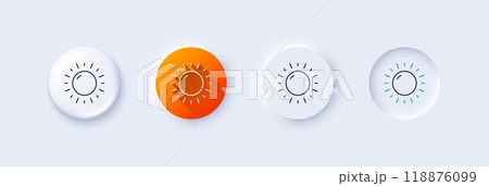 Sunny weather forecast line icon. Neumorphic, Orange gradient, 3d pin buttons. Summer sun sign. Line icons. Neumorphic buttons with outline signs. Vector Sunny weather forecast line icon. Neumorphic, Orange gradient, 3d pin buttons. Summer sun sign. Line icons. Neumorphic buttons with outline signs. Vector 118876099