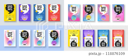 Poster templates design with quote, comma. Save up to 30 percent tag. Discount Sale offer price sign. Special offer symbol. Discount poster frame message. Quotation offer bubbles. Vector 118876109