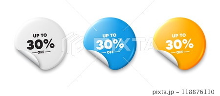 Up to 30 percent off sale. Price tag sticker with offer message. Discount offer price sign. Special offer symbol. Save 30 percentages. Sticker tag banners. Discount label badge. Vector 118876110