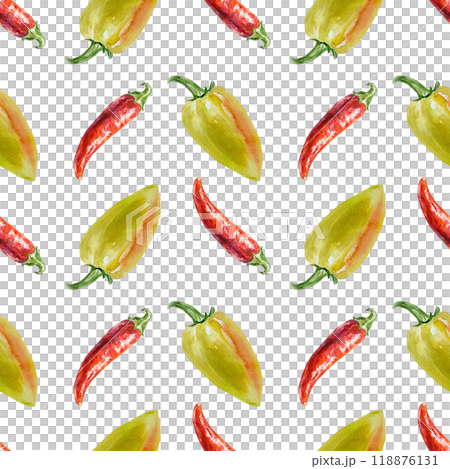 Peppers seamless pattern. Hand drawn watercolor illustration isolated on white. For wrapping paper, textile, covers, fabric, wallpaper, scrapbooking. 118876131