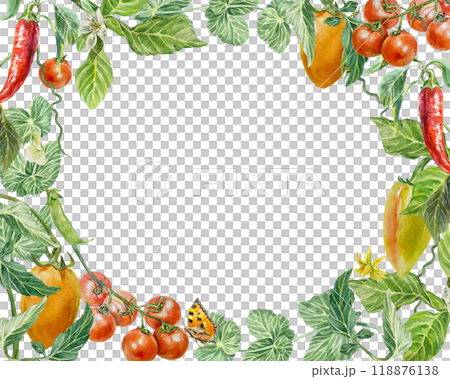 Vegetable frame horizontal, tomatoes, pepper, peas, butterfly. Hand drawn watercolor illustration isolated on white. For cards, invitations for Vegetarian and Harvest Day, labels. Vegetable frame horizontal, tomatoes, pepper, peas, butterfly. Hand drawn watercolor illustration isolated on white. For cards, invitations for Vegetarian and Harvest Day, labels. 118876138