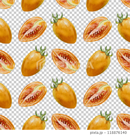 Tomatoes seamless pattern. Whole and halves. Hand drawn watercolor illustration isolated on white. For wrapping paper, textile, covers, fabric, wallpaper, scrapbooking. Tomatoes seamless pattern. Whole and halves. Hand drawn watercolor illustration isolated on white. For wrapping paper, textile, covers, fabric, wallpaper, scrapbooking. 118876140