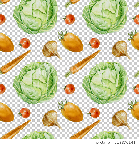 Vegetable seamless pattern. Cabbage, carrot, tomato, onion. Hand drawn watercolor illustration isolated on white. For wrapping paper, textile, covers, fabric, wallpaper, scrapbooking. 118876141