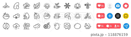 Orange, Slow fashion and Vitamin e line icons pack. Social media icons. Rainy weather, Refill water, Organic tested web icon. Peanut, Fair trade, Snow weather pictogram. Vector Orange, Slow fashion and Vitamin e line icons pack. Social media icons. Rainy weather, Refill water, Organic tested web icon. Peanut, Fair trade, Snow weather pictogram. Vector 118876159