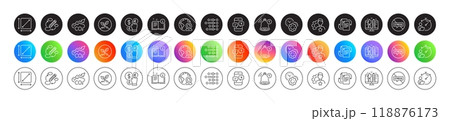 Square area, Phone survey and Creative design line icons. Round icon gradient buttons. Pack of Co2, Stop stress, Startup icon. Money currency, Order, Reminder pictogram. Vector 118876173