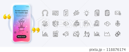 Cloud upload, Financial documents and Inspect line icons for web app. Phone mockup gradient screen. Pack of Consumption growth, Survey results, Cloud sync pictogram icons. Vector Cloud upload, Financial documents and Inspect line icons for web app. Phone mockup gradient screen. Pack of Consumption growth, Survey results, Cloud sync pictogram icons. Vector 118876174
