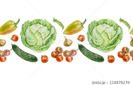 Vegetables seamless border, horizontal. Cabbage, cucumbers, tomatoes, onions, peas. Hand drawn watercolor illustration isolated on white. For wrapping paper, textile, covers, fabric, wallpaper. Vegetables seamless border, horizontal. Cabbage, cucumbers, tomatoes, onions, peas. Hand drawn watercolor illustration isolated on white. For wrapping paper, textile, covers, fabric, wallpaper. 118876270