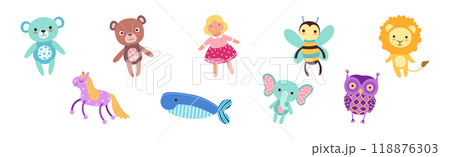 Sewed Stuffed or Fluffy Colorful Toys Vector Set 118876303