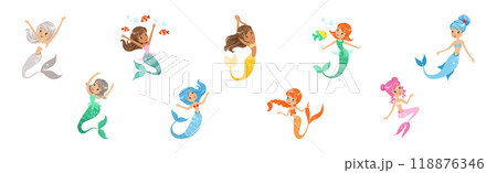 Cute Girl Mermaid Character with Female Body and Fish Tail Vector Set Cute Girl Mermaid Character with Female Body and Fish Tail Vector Set 118876346