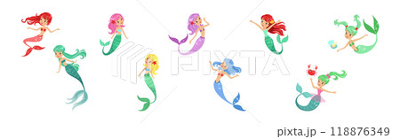 Cute Girl Mermaid Character with Female Body and Fish Tail Vector Set Cute Girl Mermaid Character with Female Body and Fish Tail Vector Set 118876349