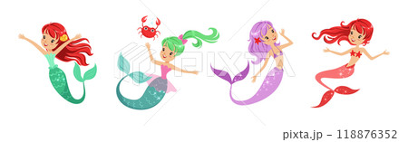 Cute Girl Mermaid Character with Female Body and Fish Tail Vector Set Cute Girl Mermaid Character with Female Body and Fish Tail Vector Set 118876352