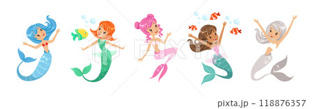 Cute Girl Mermaid Character with Female Body and Fish Tail Vector Set Cute Girl Mermaid Character with Female Body and Fish Tail Vector Set 118876357