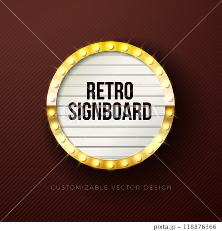 Vector Retro Signboard or Lightbox Illustration with Customizable Design on Dark Background. Light Banner or Vintage Bright Light Bulb Frame Billboard for Advertising, Show, Night Events, Cinema or 118876366