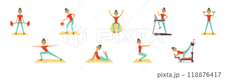 Woman Character at Sport Gym Training and Workout Vector Set 118876417