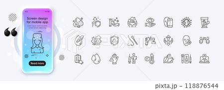 Dont touch, Problem skin and Nasal test line icons for web app. Phone mockup gradient screen. Pack of Mint tea, Blood and saliva test, Fahrenheit thermometer pictogram icons. Vector Dont touch, Problem skin and Nasal test line icons for web app. Phone mockup gradient screen. Pack of Mint tea, Blood and saliva test, Fahrenheit thermometer pictogram icons. Vector 118876544