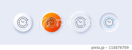 Time change line icon. Neumorphic, Orange gradient, 3d pin buttons. Clock sign. Watch symbol. Line icons. Neumorphic buttons with outline signs. Vector 118876709