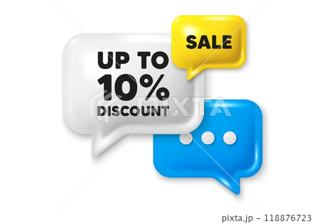 Up to 10 percent discount tag. Offer speech bubble 3d icon. Sale offer price sign. Special offer symbol. Save 10 percentages. Discount tag chat offer. Speech bubble sale banner. Vector Up to 10 percent discount tag. Offer speech bubble 3d icon. Sale offer price sign. Special offer symbol. Save 10 percentages. Discount tag chat offer. Speech bubble sale banner. Vector 118876723